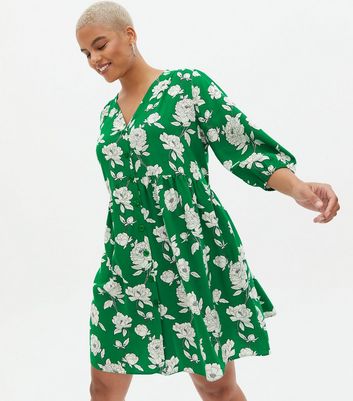 Damen Bekleidung Curves Green Floral Mini Smock Dress