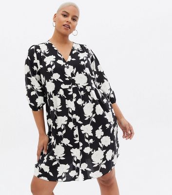 Damen Bekleidung Curves Black Floral Mini Smock Dress Damen Bekleidung Curves Black Floral Mini Smock Dress