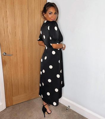 Black Polka Dot Satin Midi Wrap Dress 