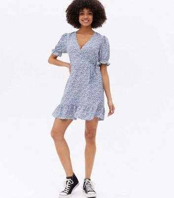 Blue Ditsy Floral Frill Tiered Mini Wrap Dress New Look