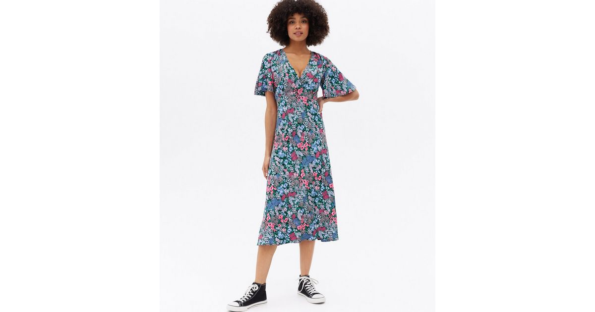 MittoShop Blue Floral Tie-Waist Flutter Sleeve Tiered Midi Dress