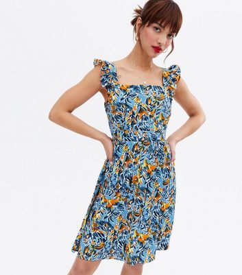 Blue Vanilla Blue Floral Frill Tie Back Mini Dress New Look