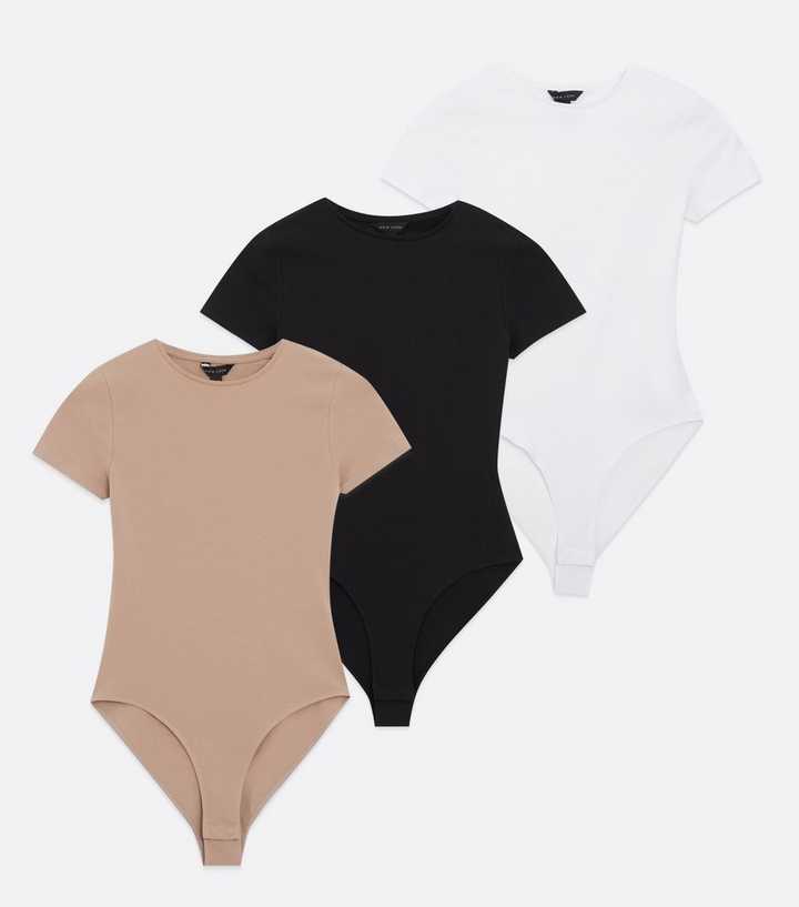 3 Pack Black Camel and White Crew Neck Bodysuits