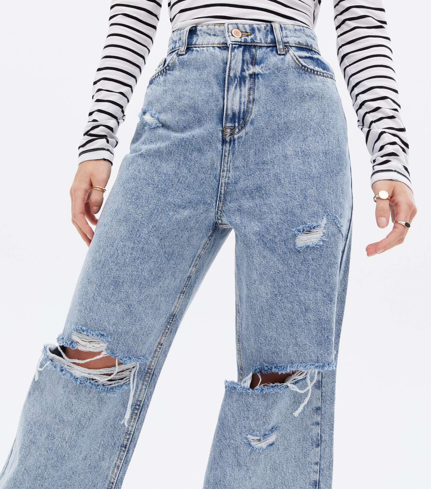 Petite Pale Blue Ripped High Waist Wide Leg Dad Jeans Image 3