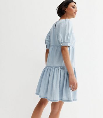 Pale Blue Denim Tiered Mini Smock Dress New Look