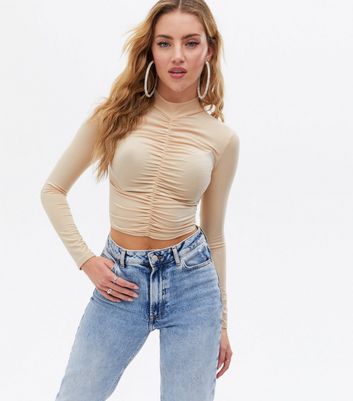 Pink Vanilla Stone Slinky Ruched Crop Top New Look