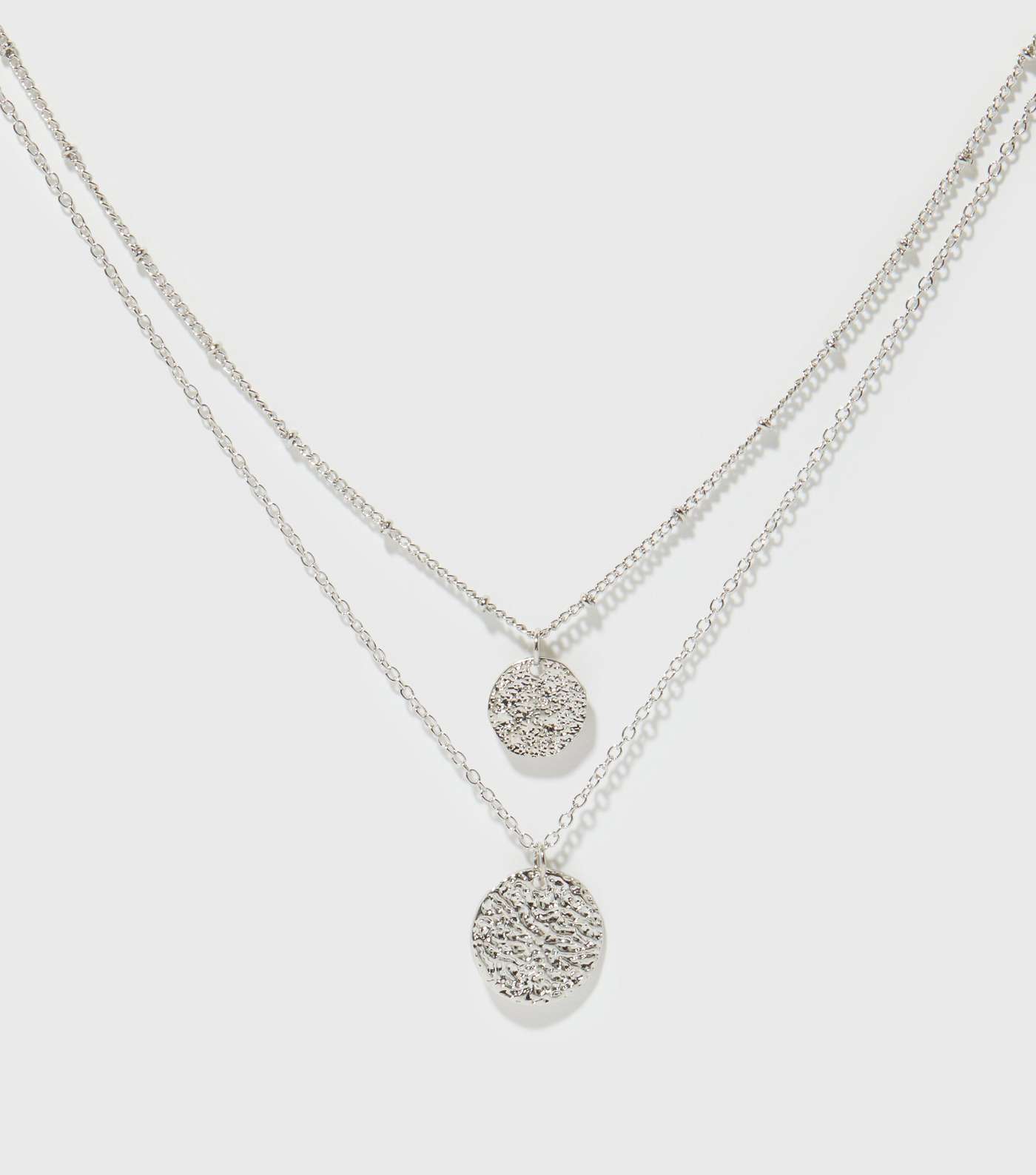 Silver Beaten Disc Pendant Layered Necklace
