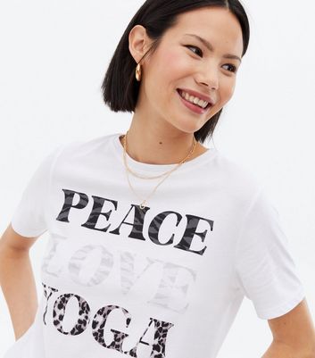 White Animal Print Peace Love Yoga Logo T Shirt New Look