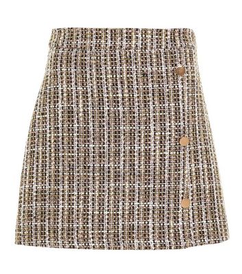 Quiz Brown Check Button Side Mini Skirt New Look