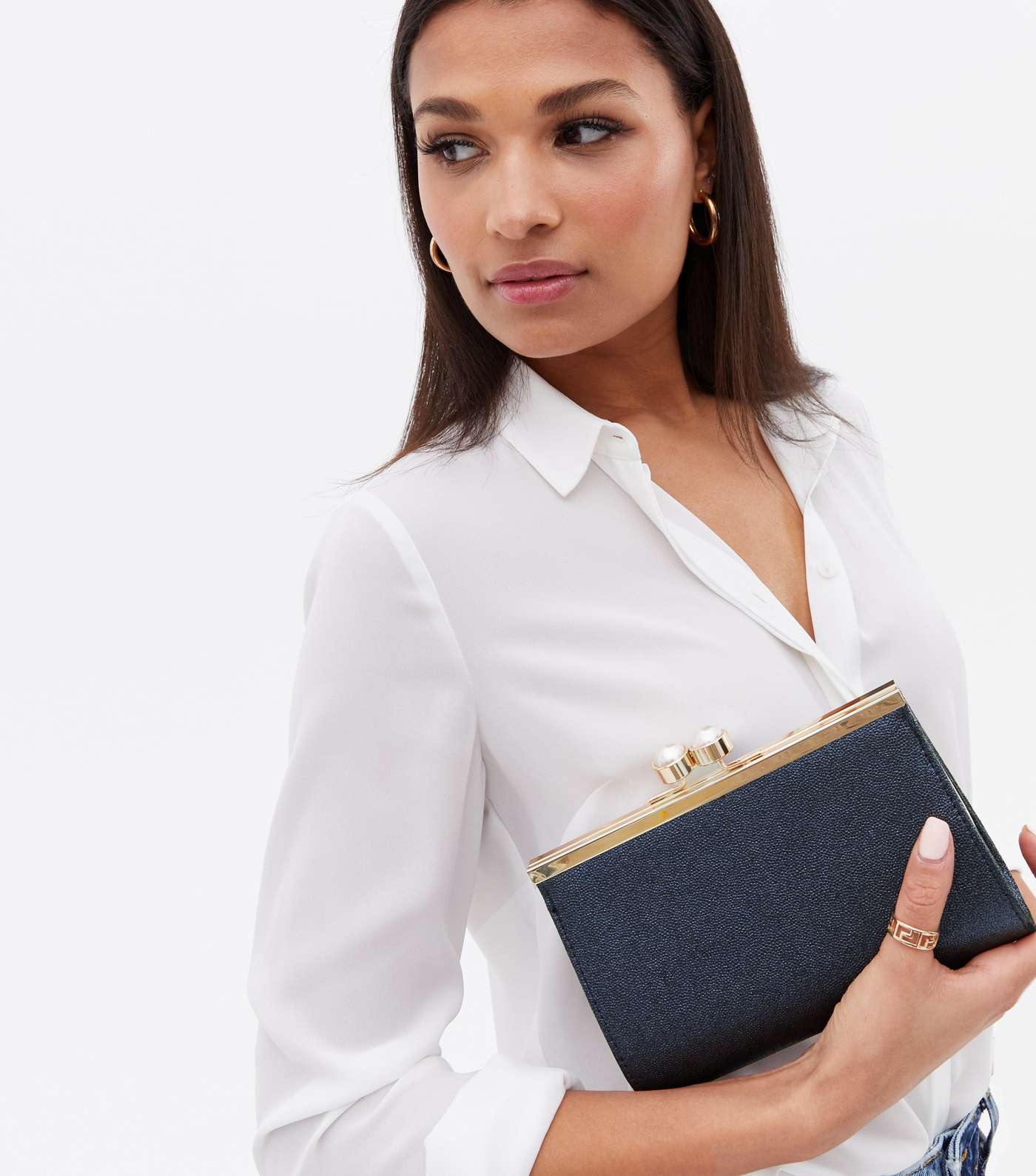 Navy Metallic Faux Pearl Clasp Clutch Bag Image 2