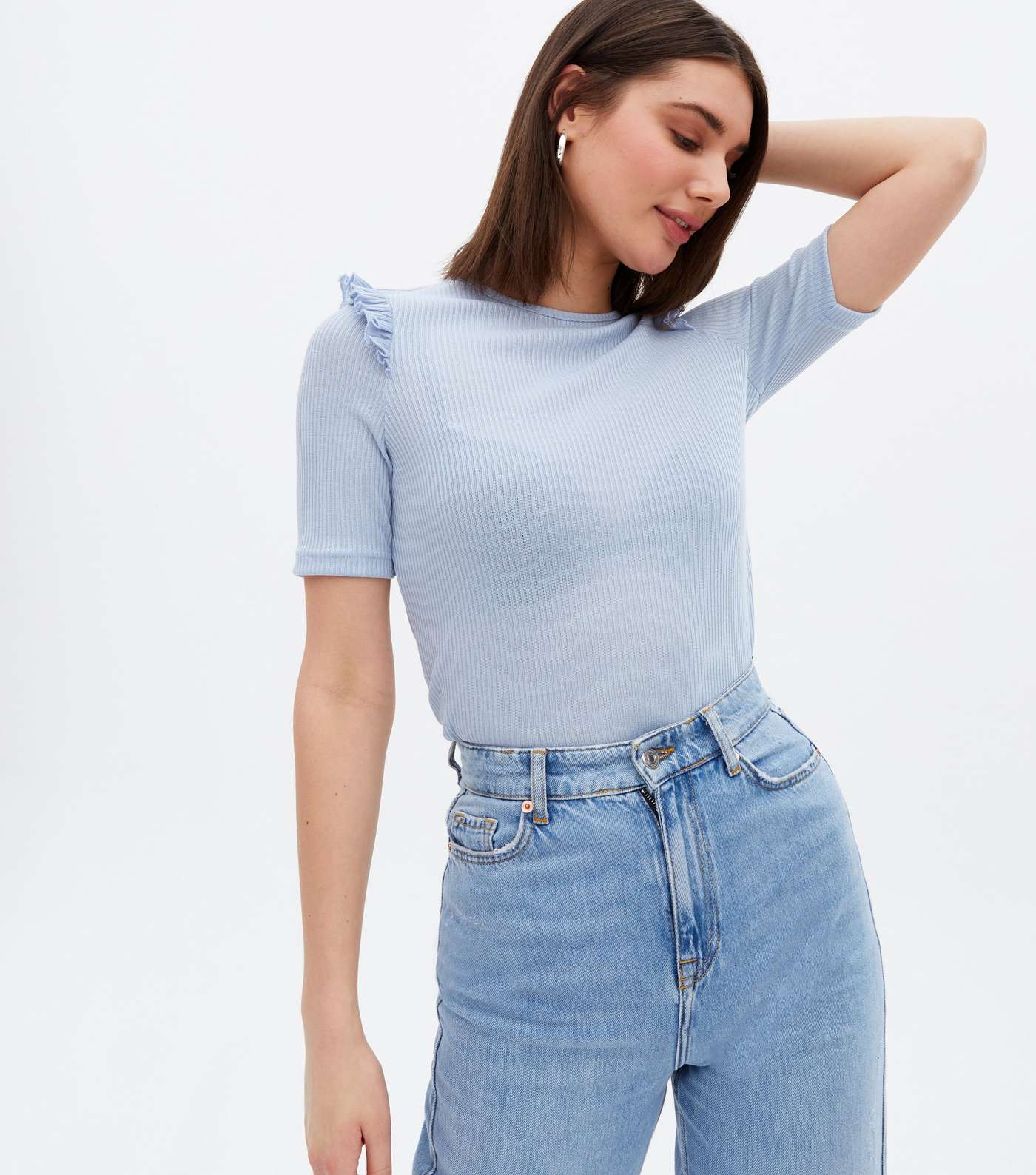 Pale Blue Fine Knit Frill Short Sleeve Top Image 3