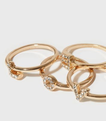 4 Pack Gold Diamante Love Stacking Rings New Look