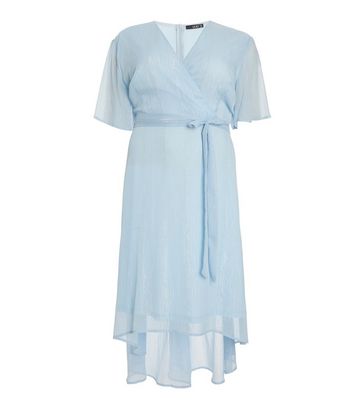 Click to view product details and reviews for Quiz Curves Pale Blue Metallic Chiffon Midi Wrap Dress New Look.