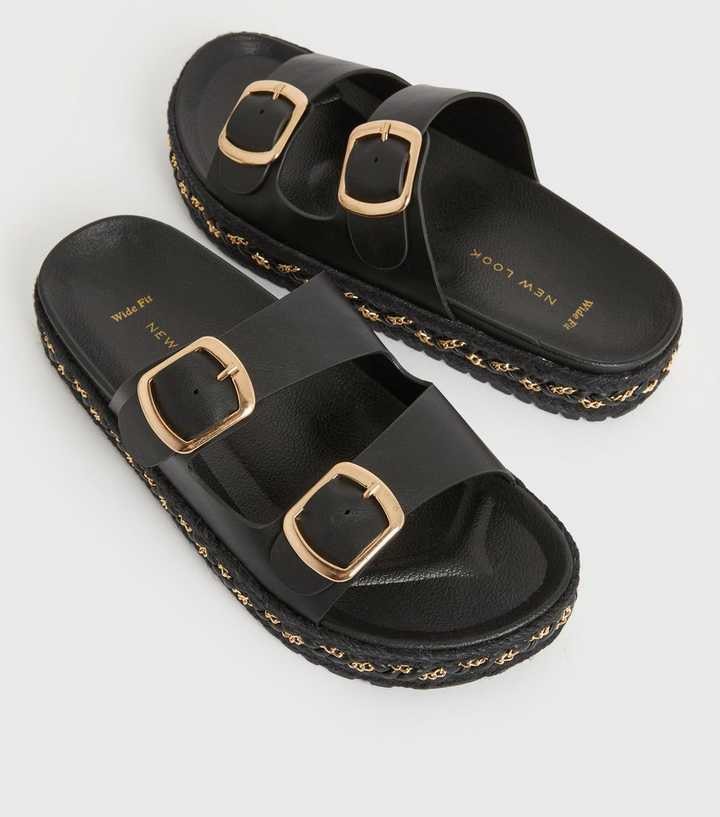 Wide Fit Black Leather-Look Buckle Sliders