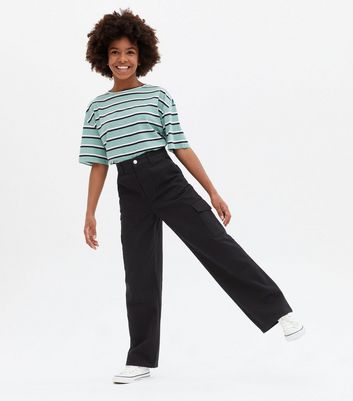 Girls Black Wide Leg Cargo Trousers 
