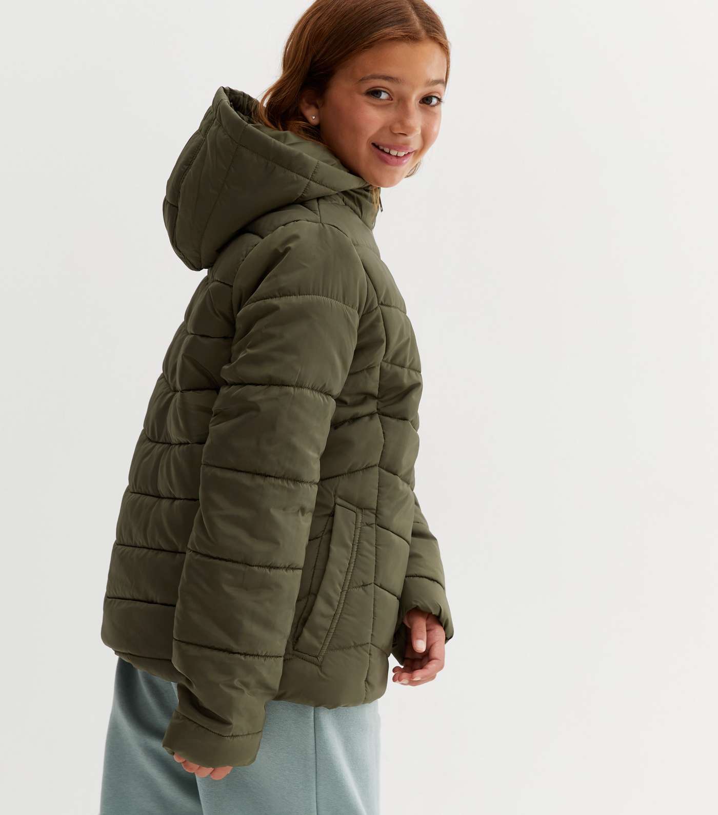 Girls Khaki Hooded Zip Puffer Jacket Image 4