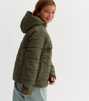 Girls Khaki Hooded Zip Puffer Jacket 