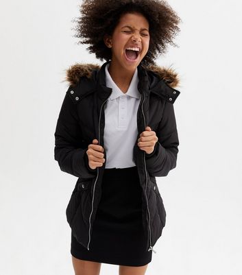 Girls Black Faux Fur Hooded Jacket