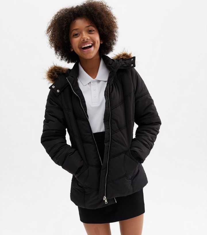 girls black faux fur coat