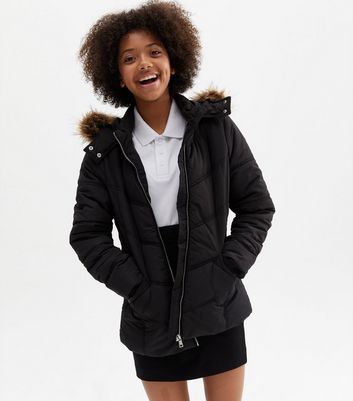 Girls Black Hooded Faux Fur Puffer Jacket New Look