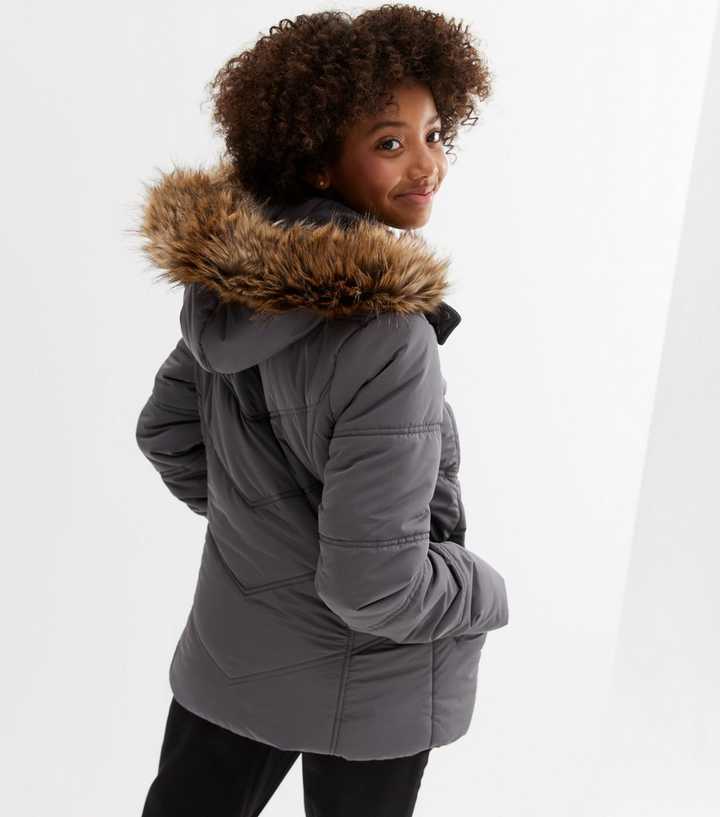 scandal Fed up fabric Girls Grey Hooded Faux Fur Puffer Jacket | New Look