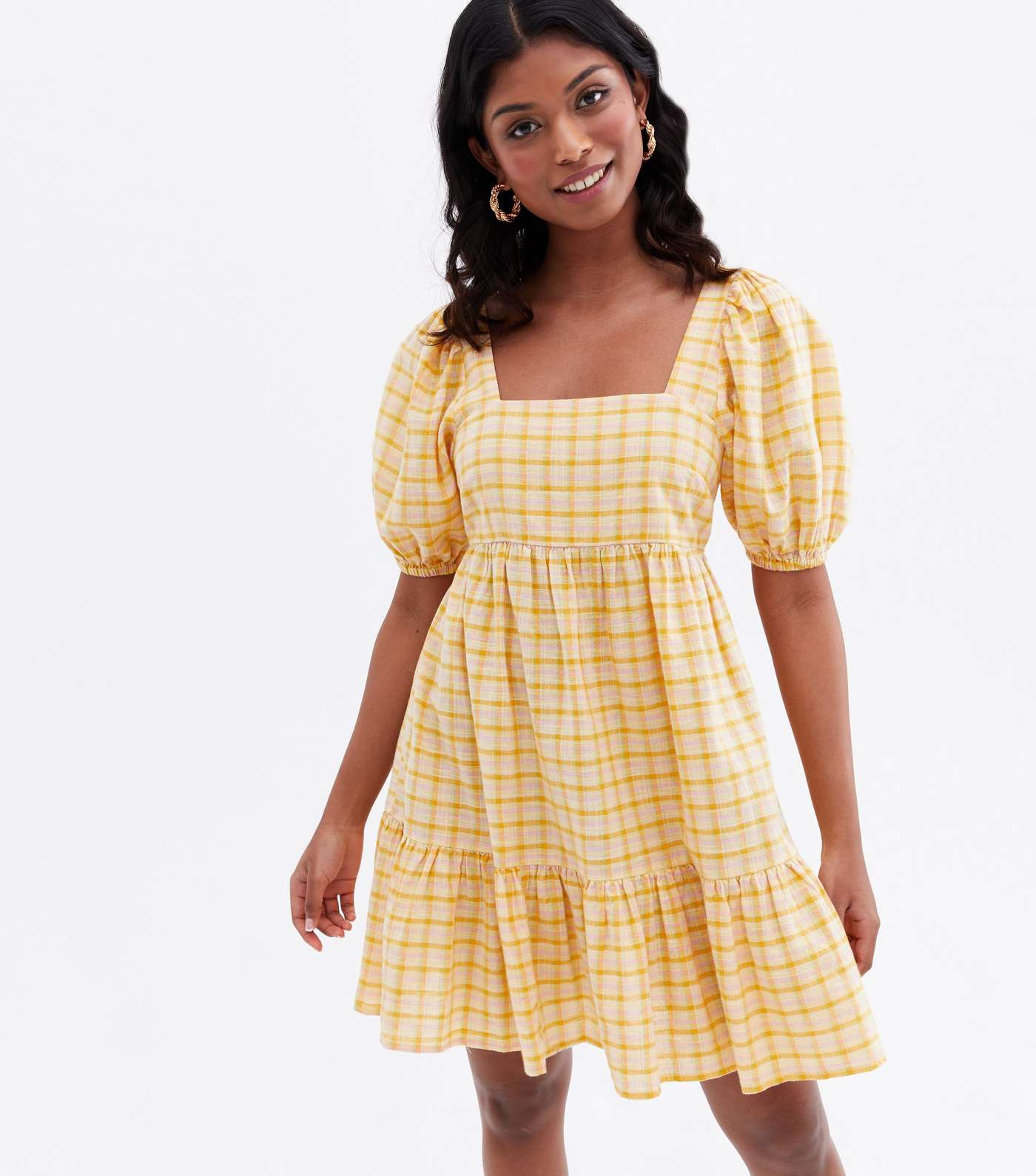 Yellow Check Square Neck Tiered Mini Dress