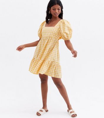 Click to view product details and reviews for Yellow Check Square Neck Tiered Mini Dress New Look.