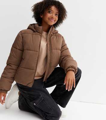 Girls Light Brown Hooded Zip Puffer Jacket