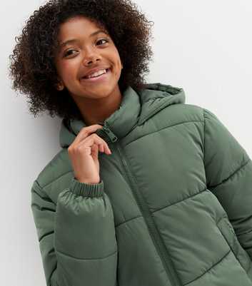 Girls Dark Green Hooded Zip Puffer Jacket