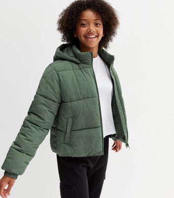 Girls Dark Green Hooded Zip Puffer Jacket