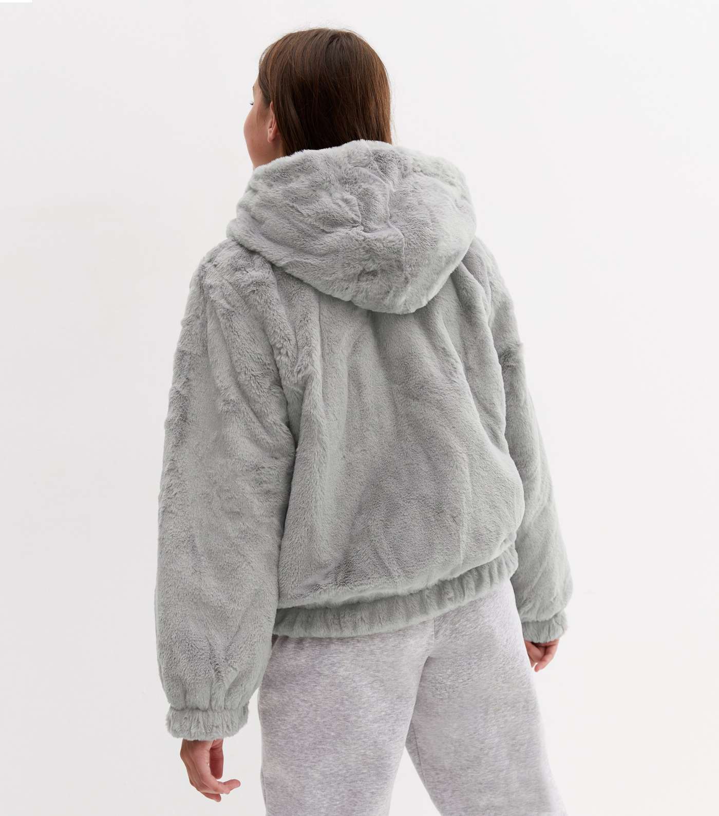 Girls Grey Faux Fur Hooded Jacket Image 4