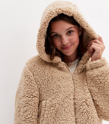 Girls Camel Hooded Teddy Crop Jacket New Look