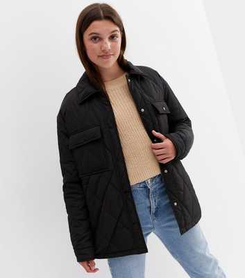 Girls Black Quilted Pocket Front Puffer Shacket