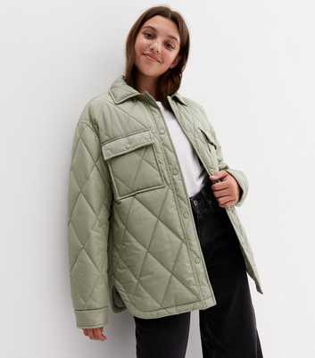 Girls Light Green Quilted Pocket Front Puffer Shacket
