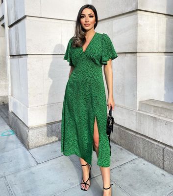 AX Paris Green Animal Print V Neck Split Midi Dress New Look