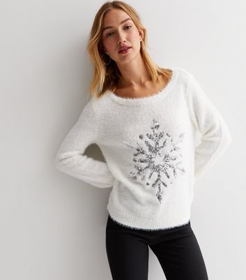 Sunshine Soul White Sequin Snowflake Fluffy Jumper