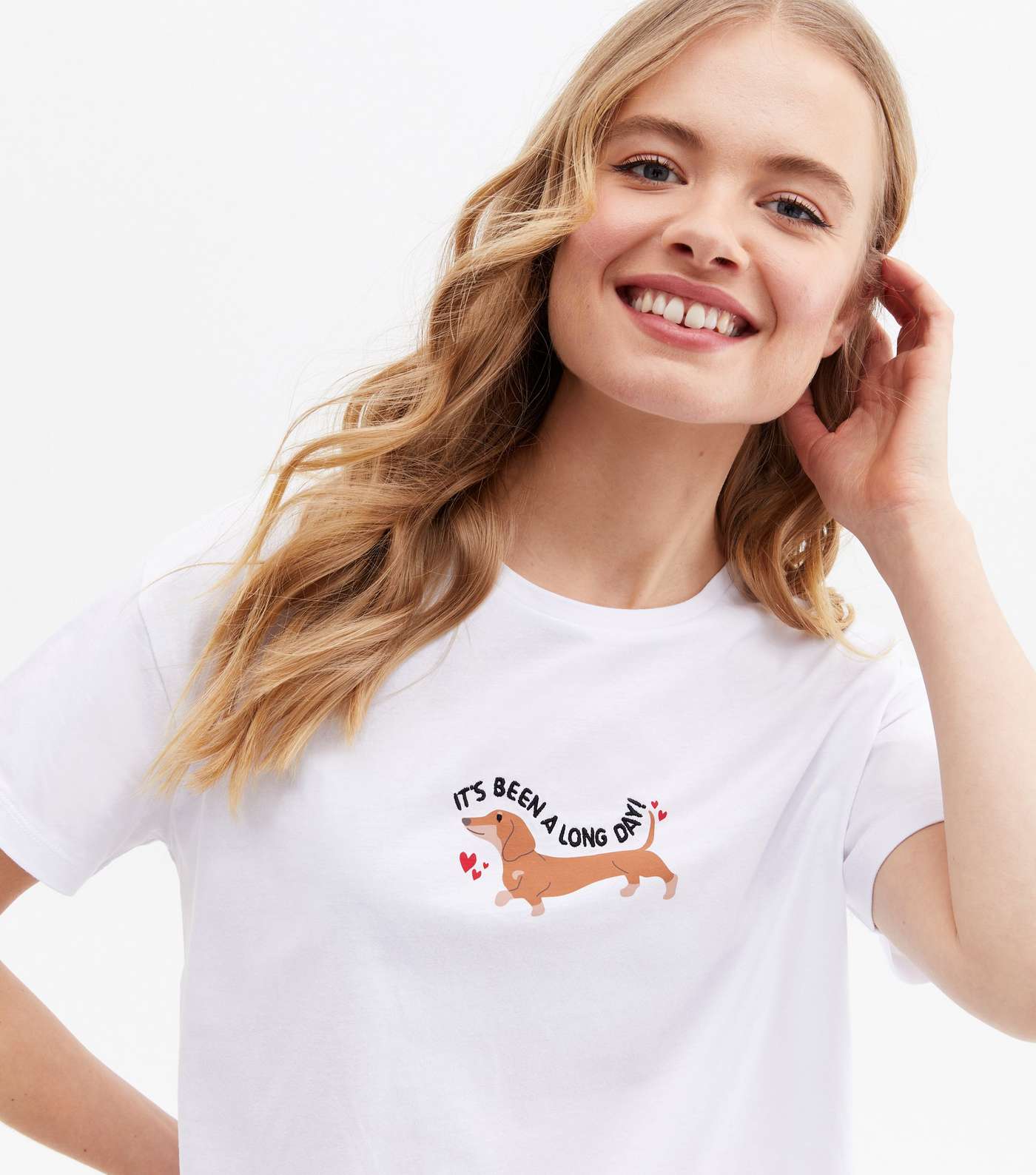 White T-Shirt and Short Pyjama Set with Sausage Dog Print Image 2