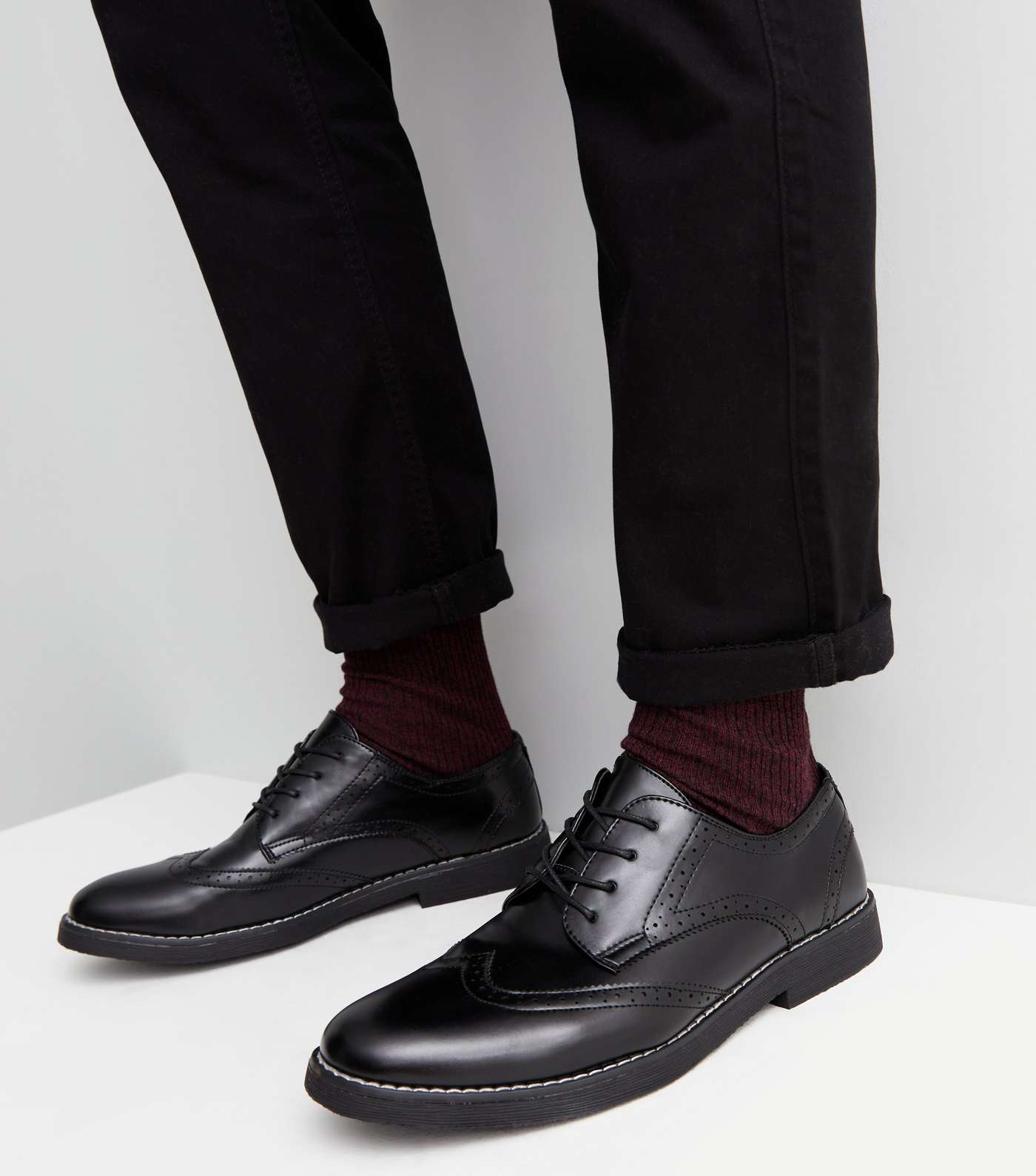 Black Perforated Lace Up Chunky Brogues Image 2