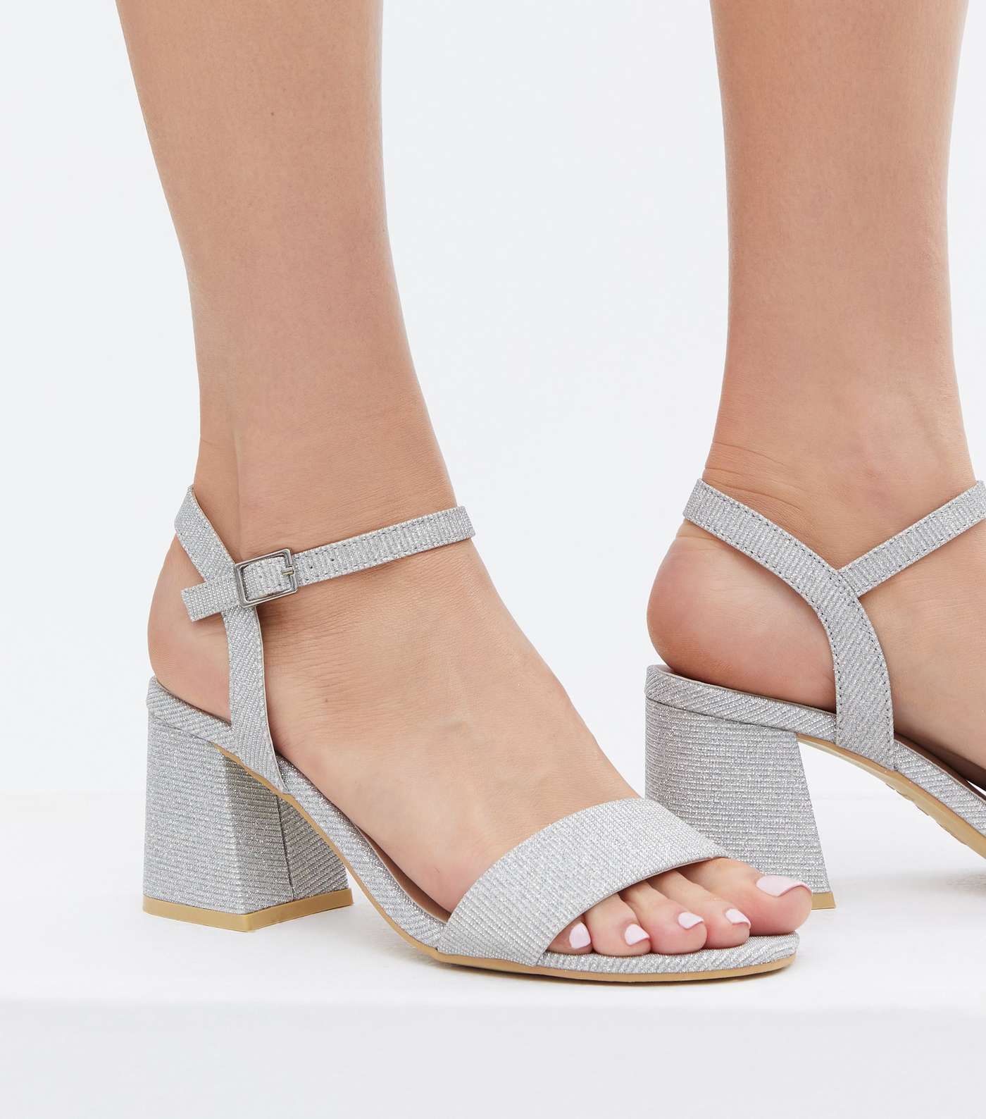 Silver Glitter Mid Block Heel Sandals Image 2