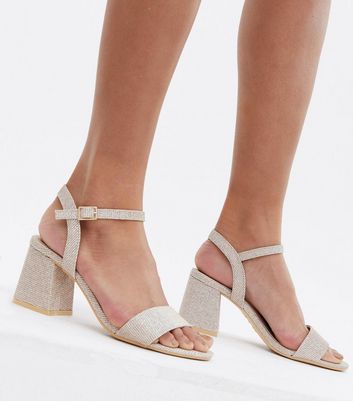 Gold Shimmer Linked Strap Block Heels | New Look
