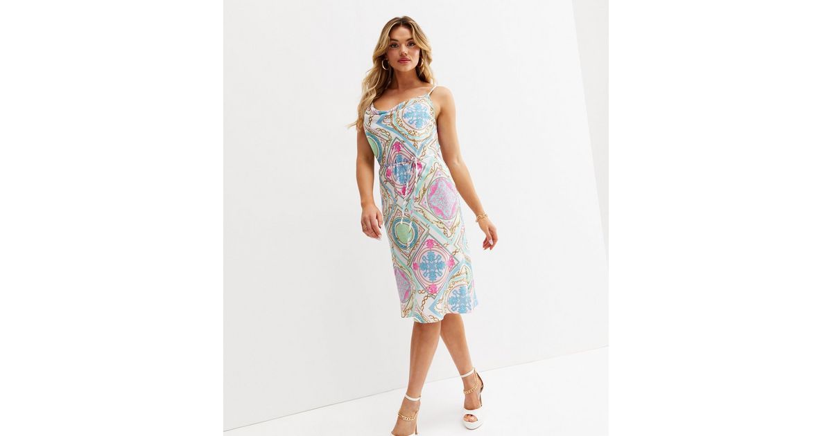 Just Add Cocktails Blue Chain Satin Slip Dress | New Look