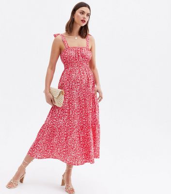 Click to view product details and reviews for Red Ditsy Floral Tie Strap Tiered Midi Dress New Look.