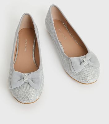 Silver Shimmer Chiffon Bow Ballet Pumps 