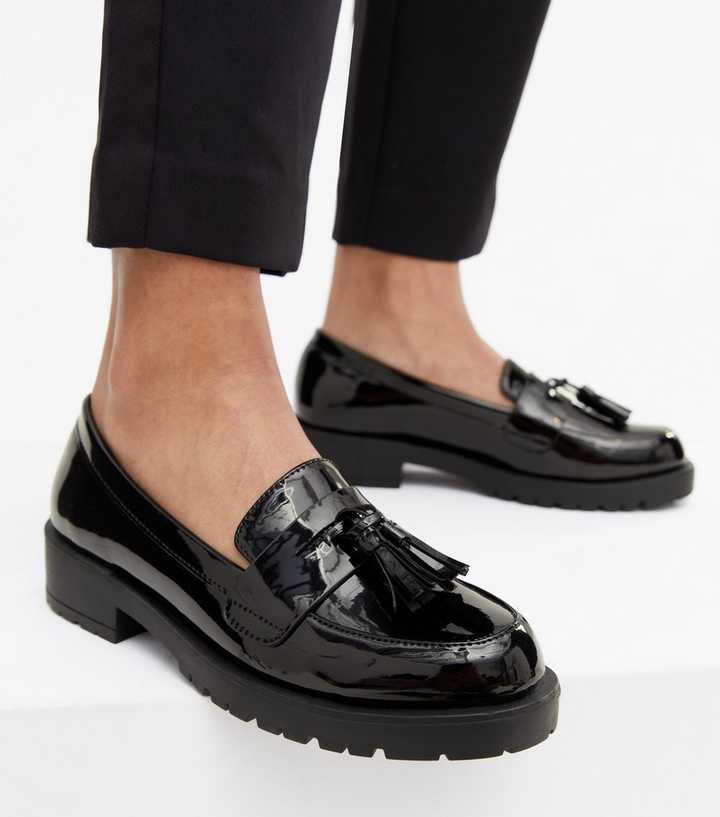 Black Patent Tassel Chunky Loafers New Look
