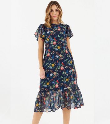 Zibi London Navy Floral Frill Midi Dress New Look