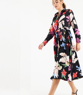 Zibi London Black Floral Long Sleeve Midi Shirt Dress New Look