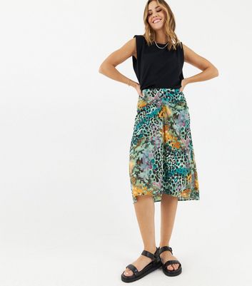 Zibi London Teal Leopard Print Ruched Midi Skirt New Look