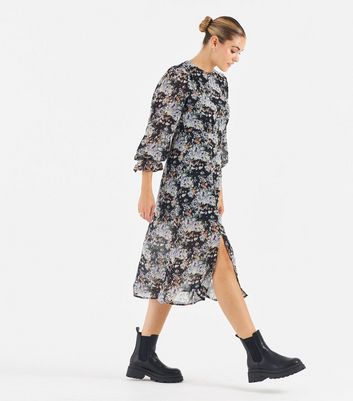 Zibi London Black Floral Long Sleeve Midi Dress New Look