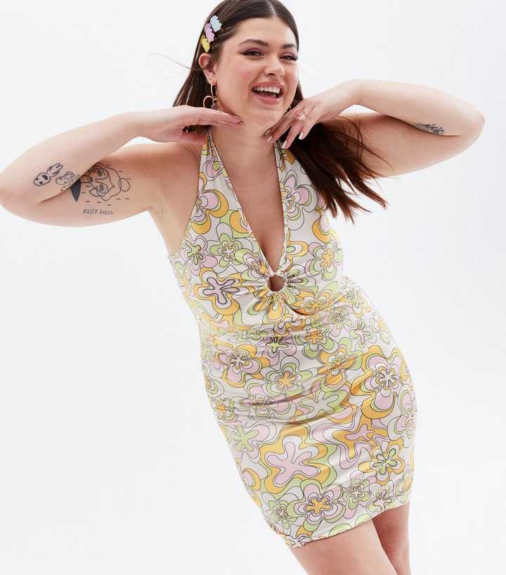 Shine Bright Curves Lilac Floral Satin Halter Neck Dress