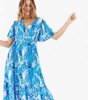 Zibi London Blue Leaf V Neck Tiered Midi Wrap Dress New Look